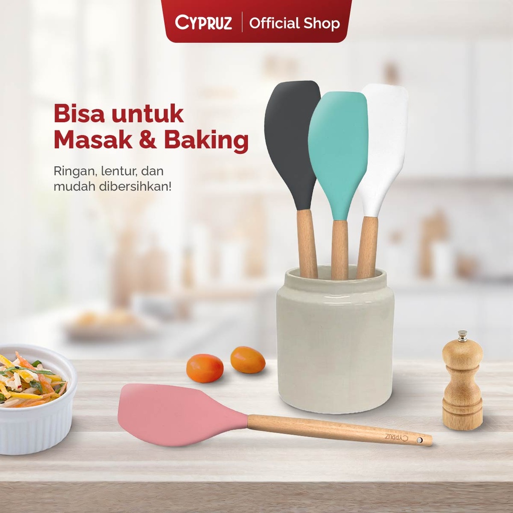 Cypruz Utensil Gagang Kayu Kepala Silicone Spatula