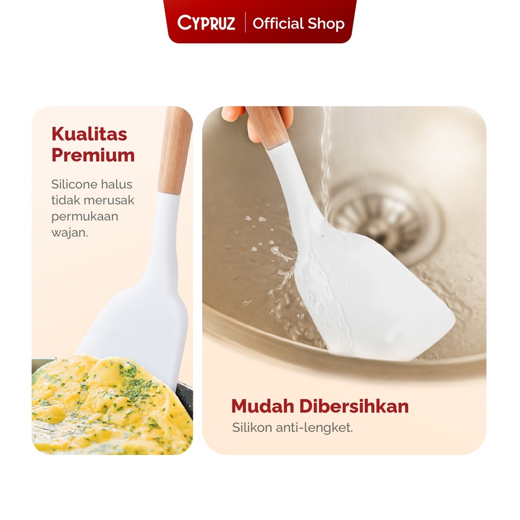 Cypruz Utensil Gagang Kayu Kepala Silicone Solid Turner