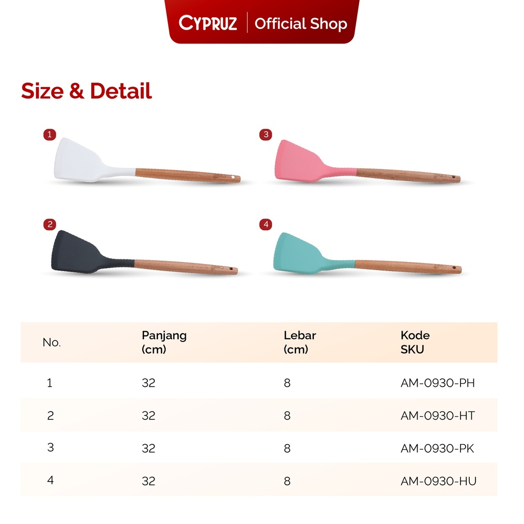 Cypruz Utensil Gagang Kayu Kepala Silicone Solid Turner