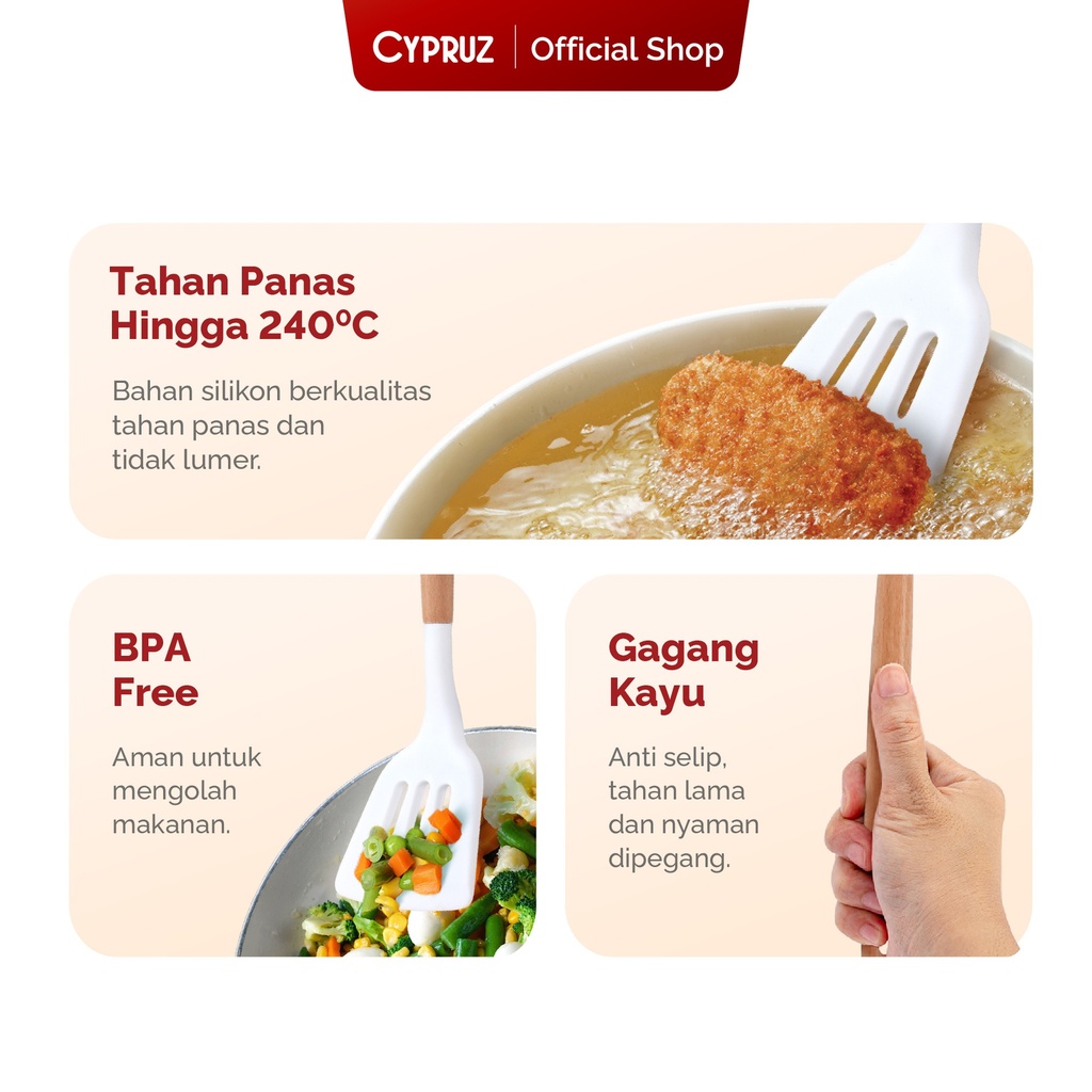 Cypruz Utensil Gagang Kayu Kepala Silicone Slotted Turner