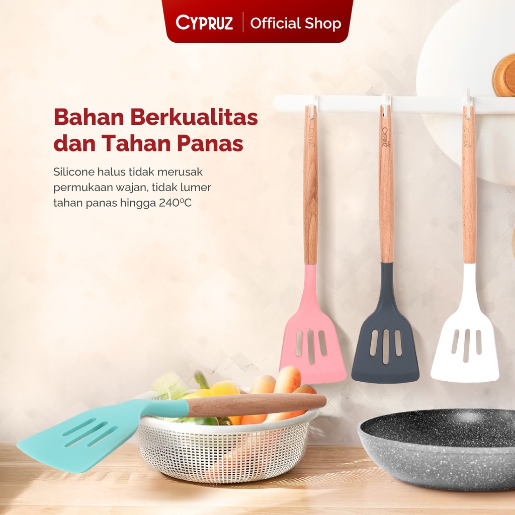 Cypruz Utensil Gagang Kayu Kepala Silicone Slotted Turner