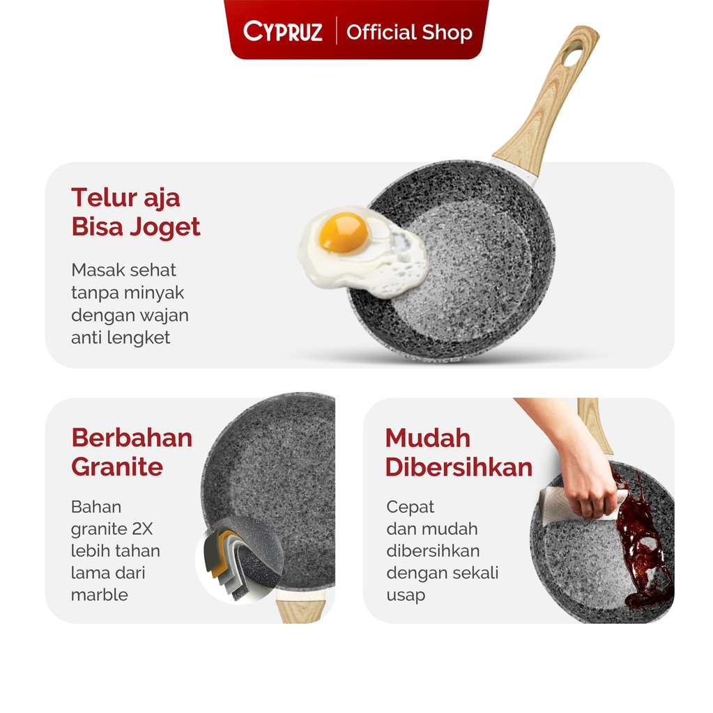 White Granite Series Gagang Coklat Kayu Fry Pan