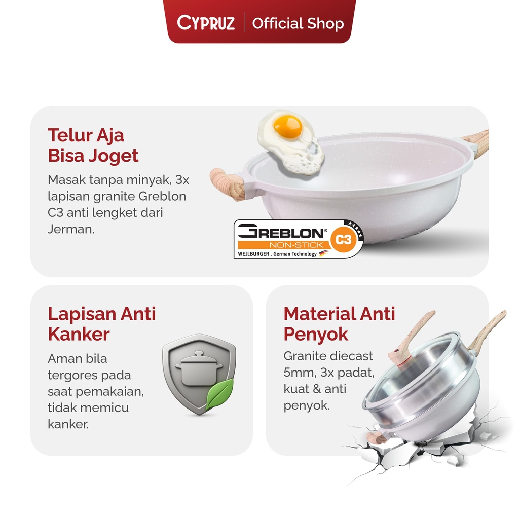 Cypruz White Die Cast 32cm Wok +Steamer+1pc Long Handle and Low Pressure Knob 6X1