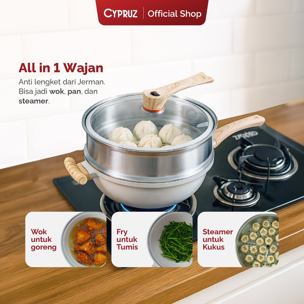 Cypruz White Die Cast 32cm Wok +Steamer+1pc Long Handle and Low Pressure Knob 6X1