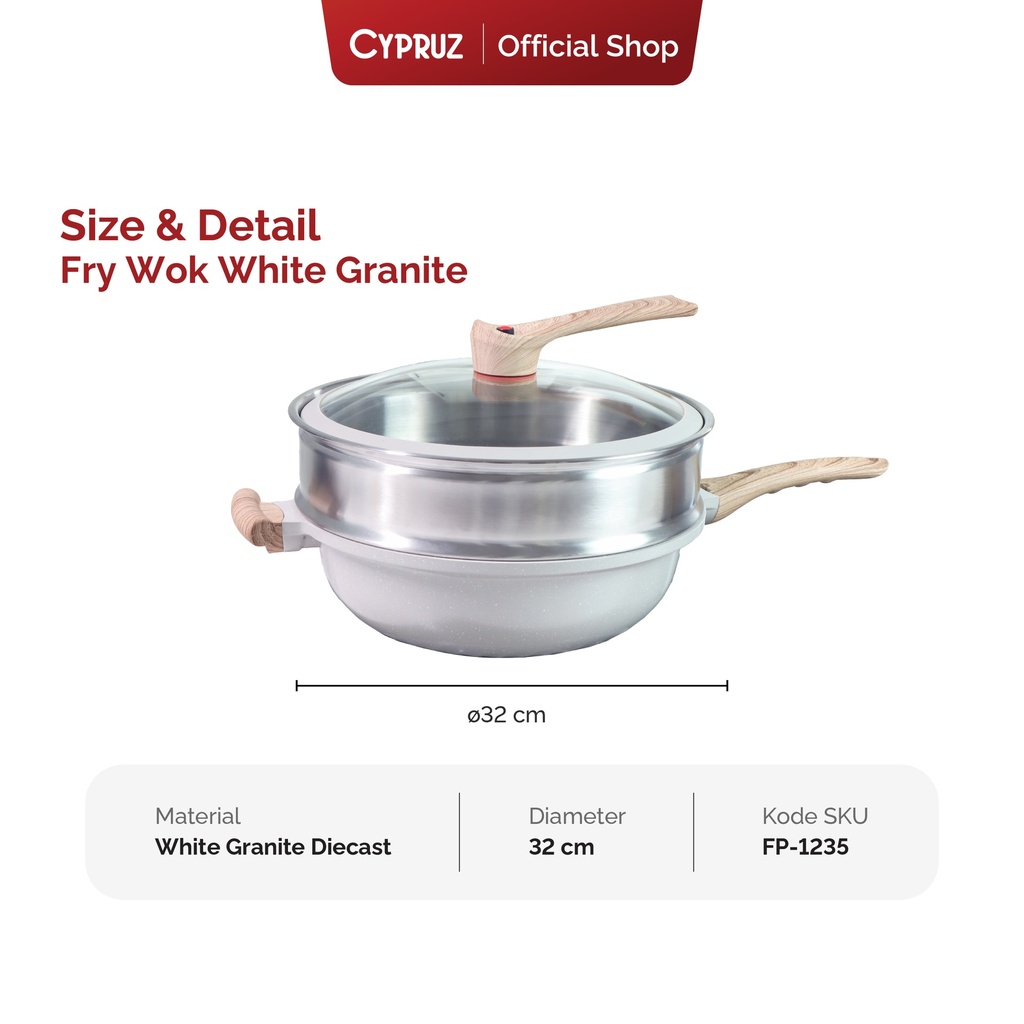 Cypruz White Die Cast 32cm Wok +Steamer+1pc Long Handle and Low Pressure Knob 6X1