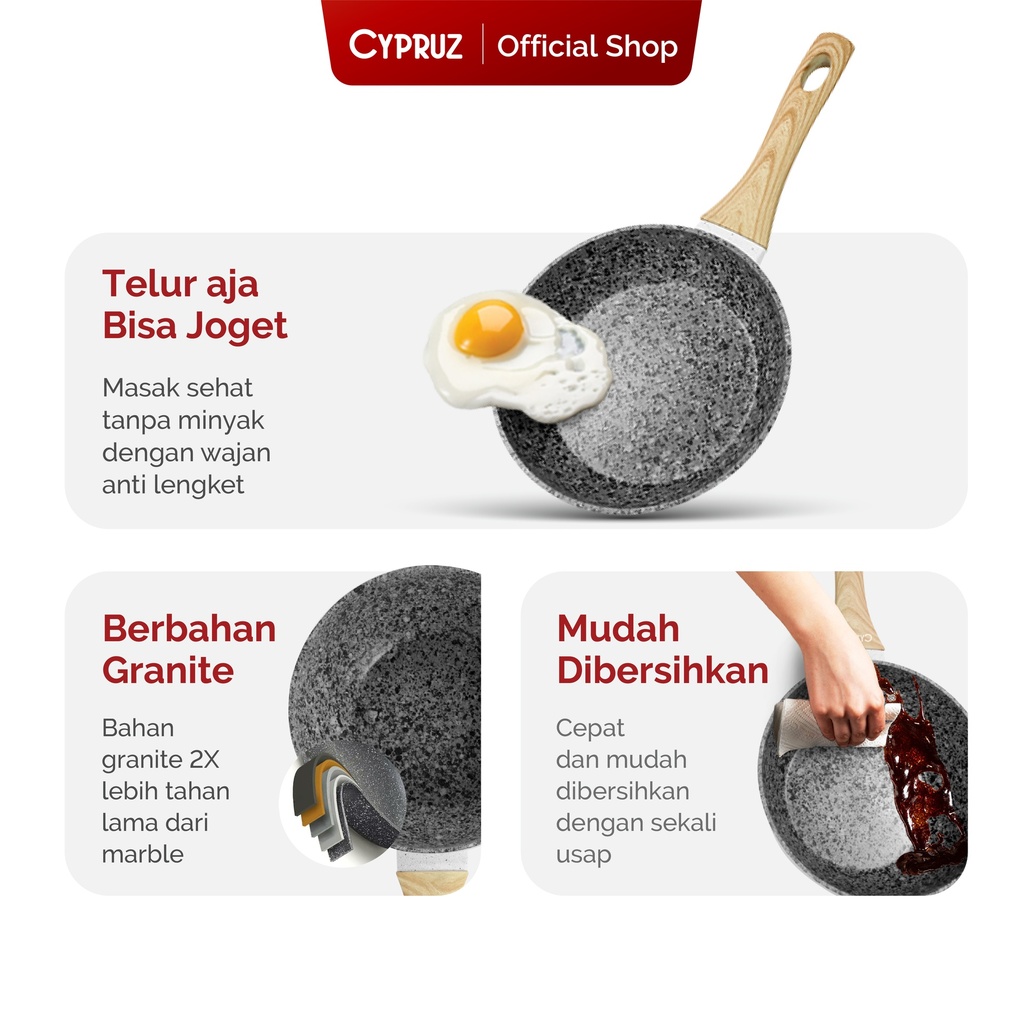 White Granite Series Gagang Coklat Kayu Fry Wok