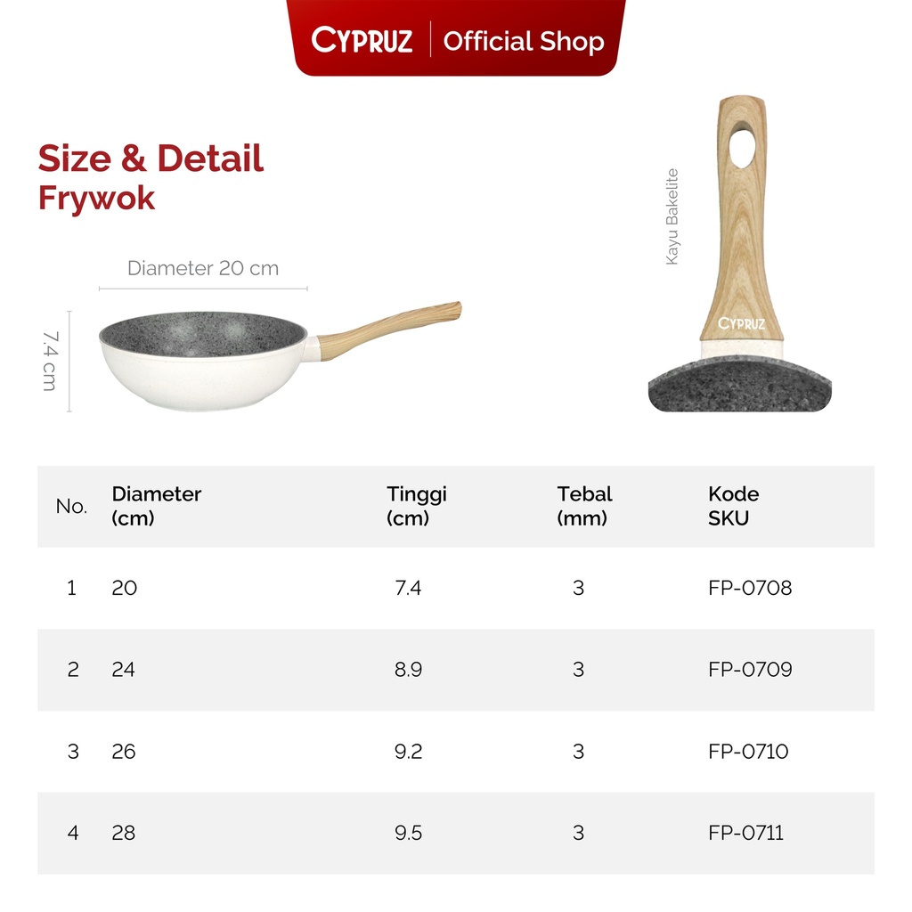 White Granite Series Gagang Coklat Kayu Fry Wok