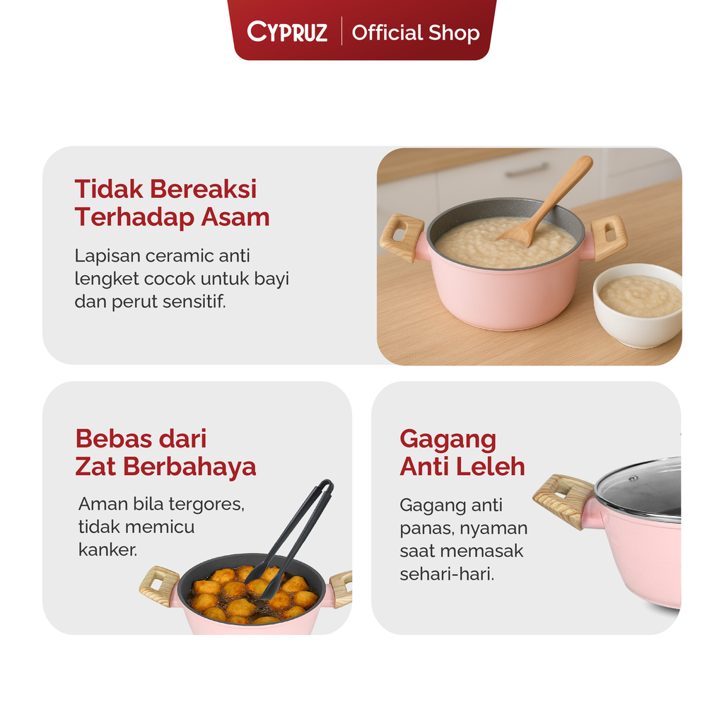 Cypruz Pink Ceramic Series Gagang Putih Kayu Casserole + Lid