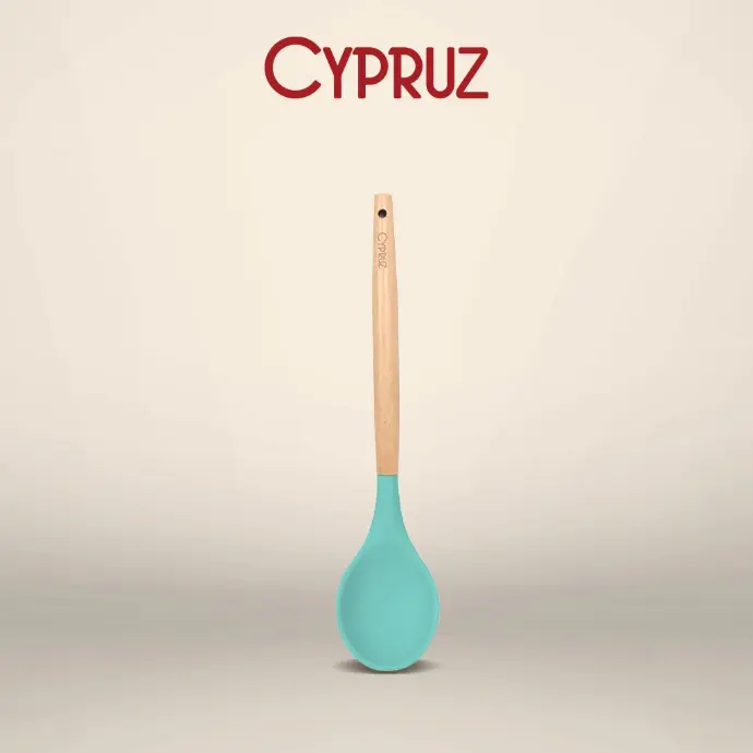 Cypruz Utensil Gagang Kayu Kepala Silicone Sendok Serving Bulat