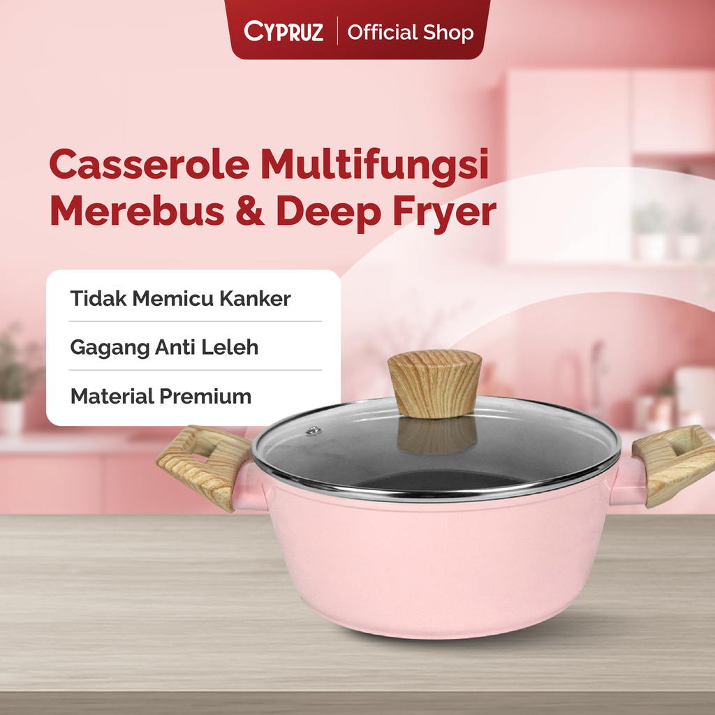 Cypruz Pink Ceramic Series Gagang Putih Kayu Casserole + Lid