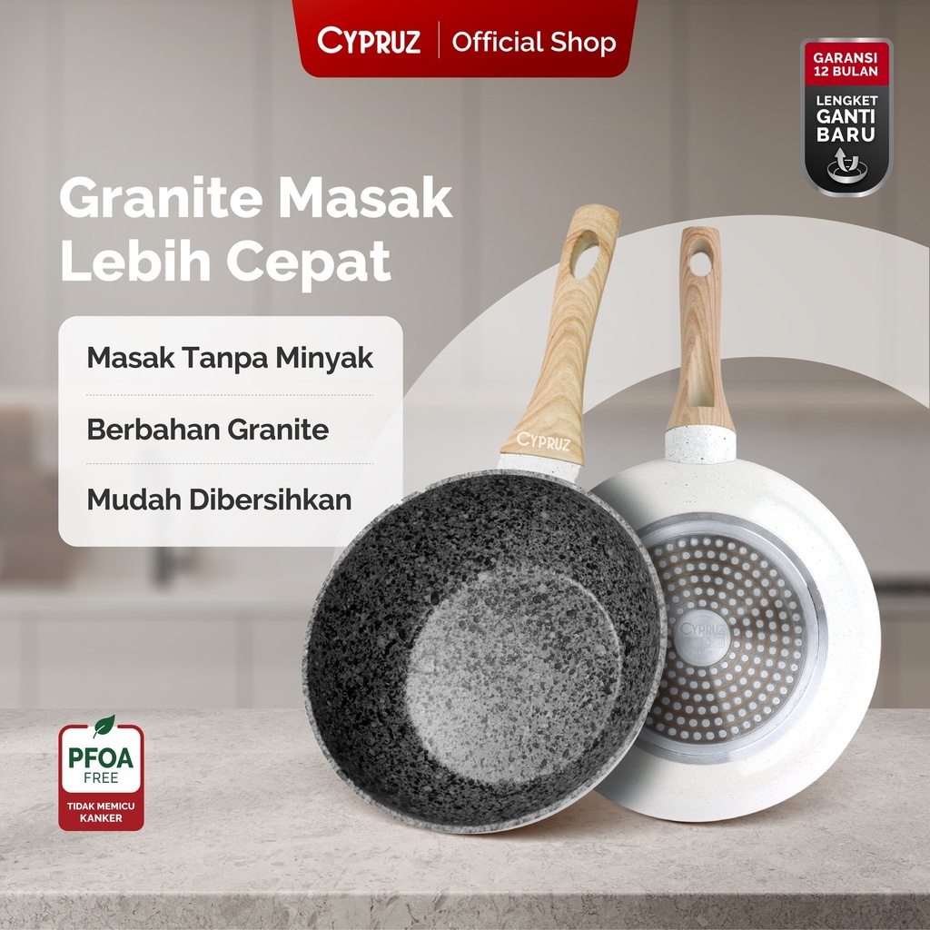 White Granite Series Gagang Coklat Kayu Fry Wok