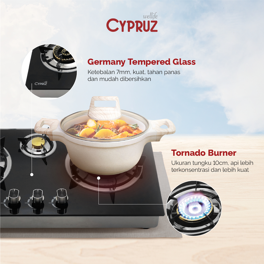 Cypruz Kompor Gas Kaca Tornado Tombol Atas