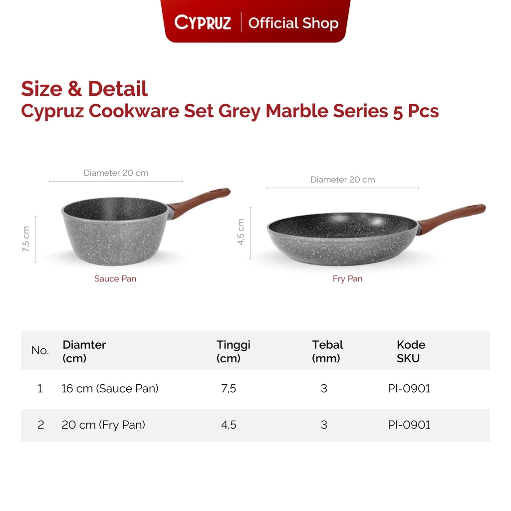 Cypruz MARBLE Cookware Set: BASIC 5pcs 6X1