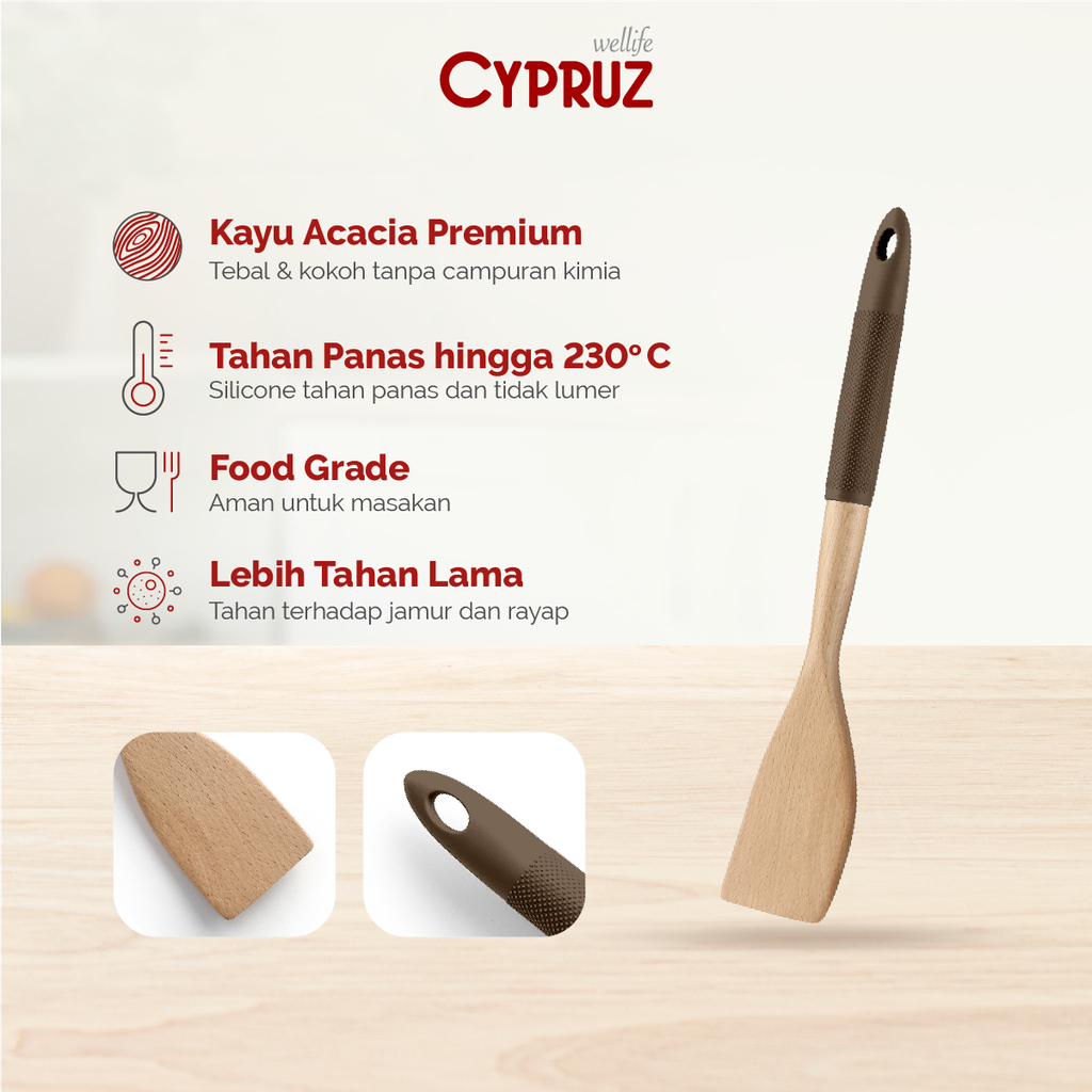 Cypruz Wood Utensil Series Gg.Silicone: Solid Turner (COKLAT) 96X1