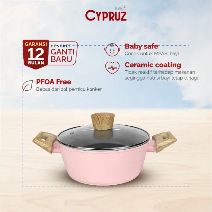 Cypruz Pink Ceramic Series Gagang Putih Kayu Casserole + Lid