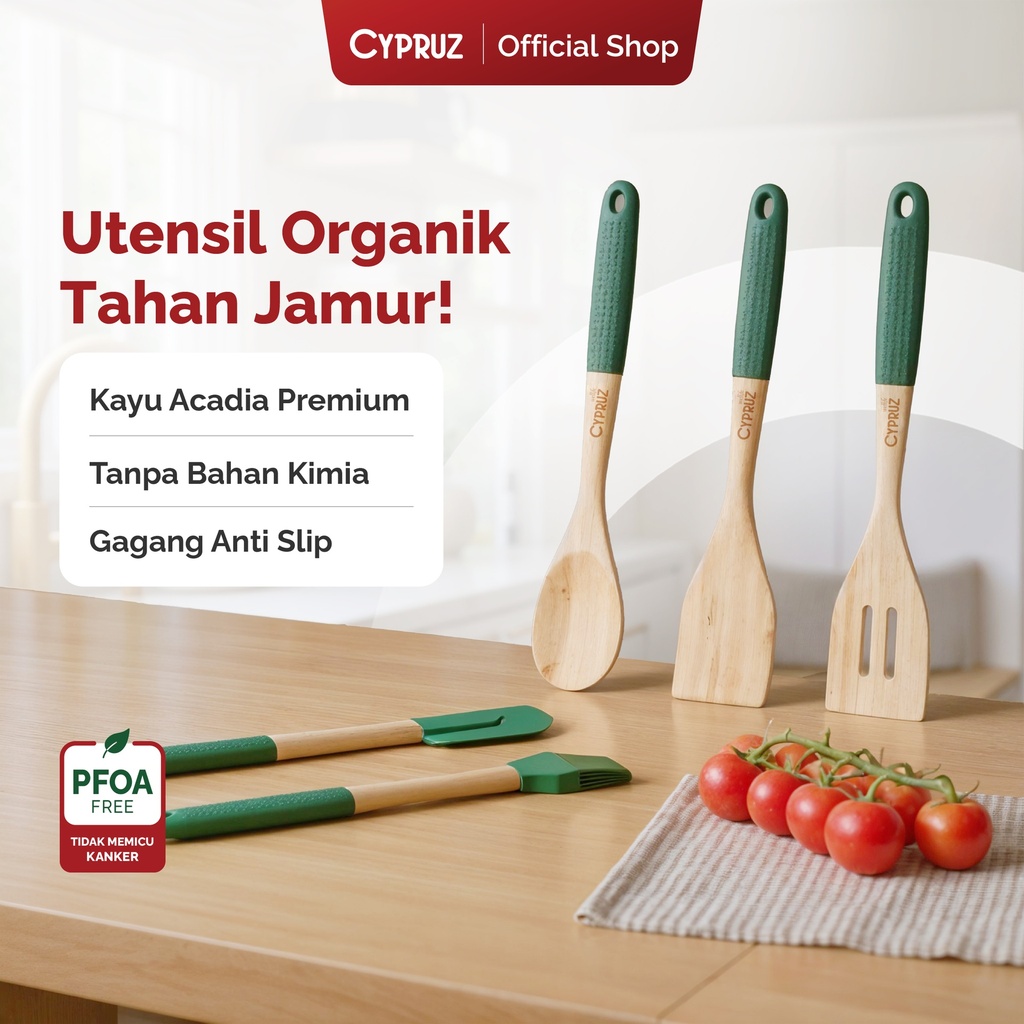 Cypruz Wood Utensil Series Gagang Silicone Spatula (HIJAU) 96X1