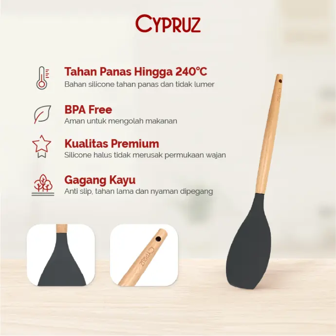 Cypruz Utensil Gagang Kayu Kepala Silicone Round Spatula