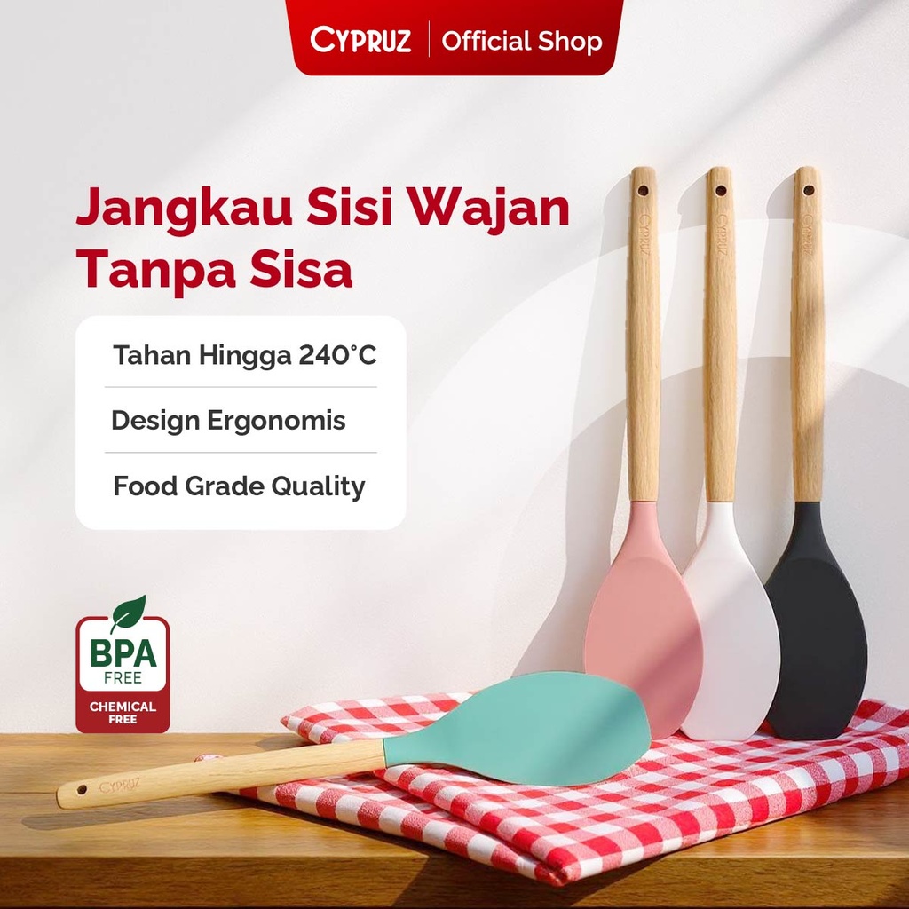 Cypruz Utensil Gagang Kayu Kepala Silicone Round Spatula