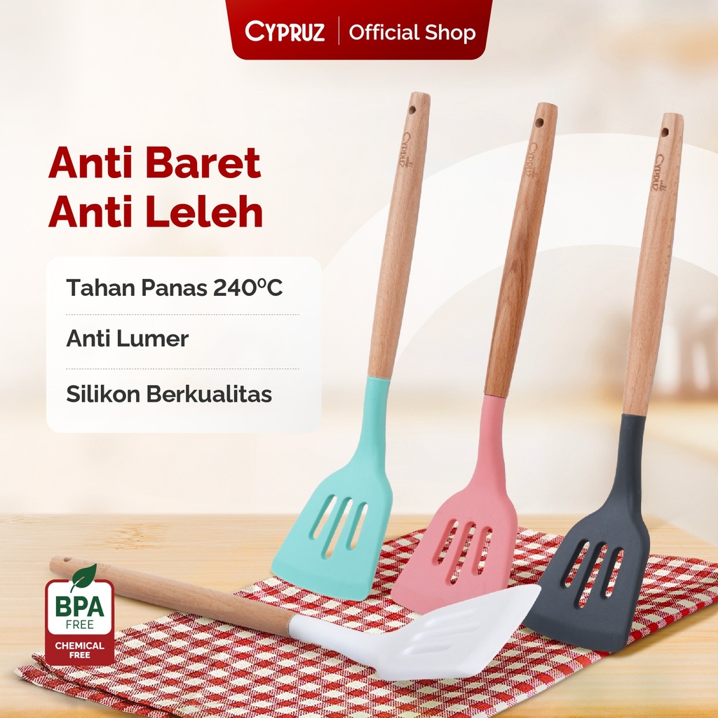 Cypruz Utensil Gagang Kayu Kepala Silicone Slotted Turner