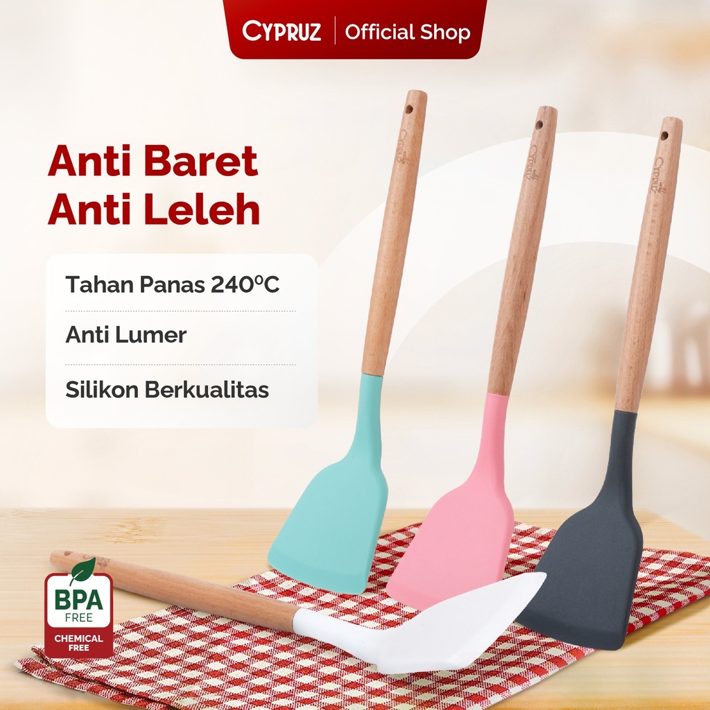 Cypruz Utensil Gagang Kayu Kepala Silicone Solid Turner