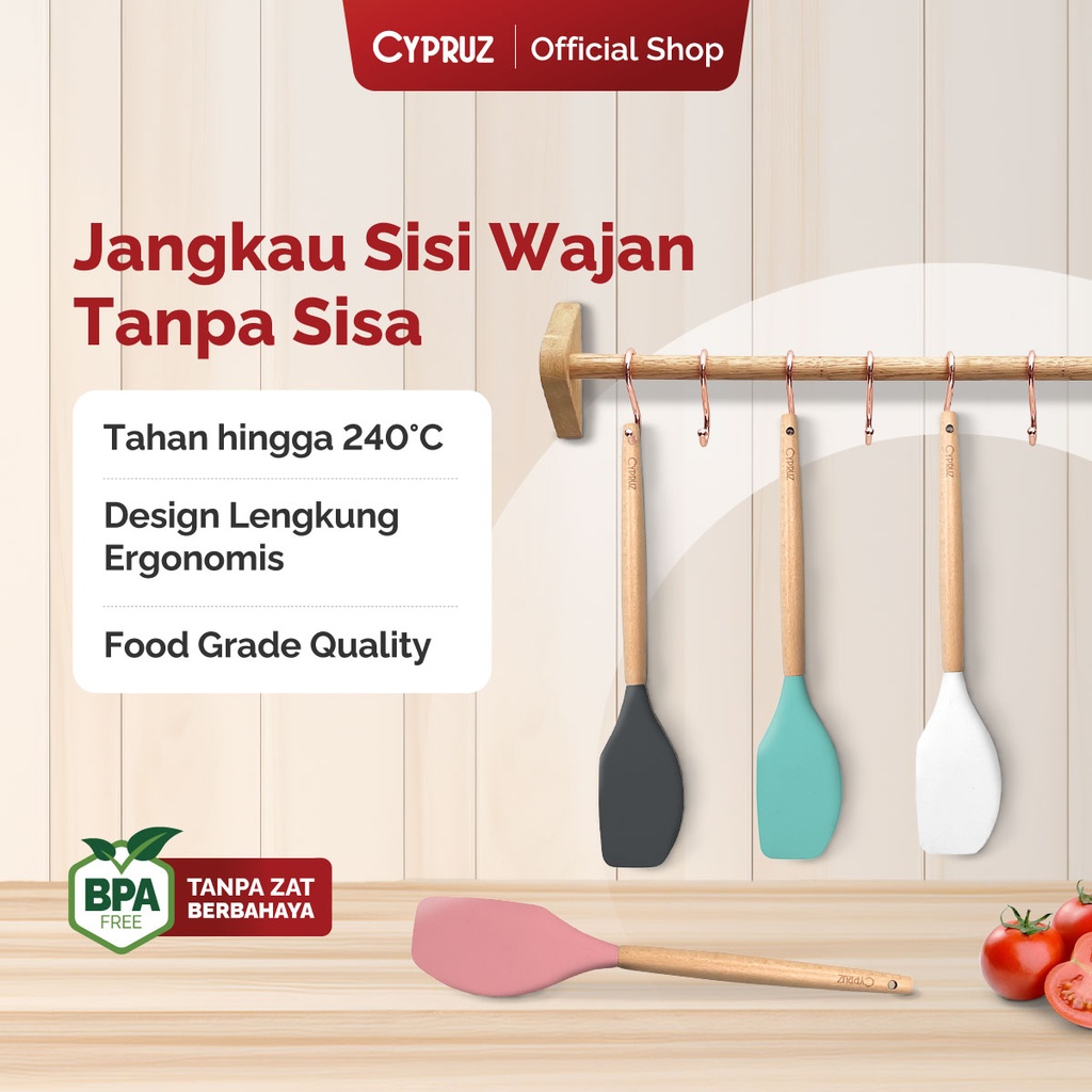 Cypruz Utensil Gagang Kayu Kepala Silicone Spatula