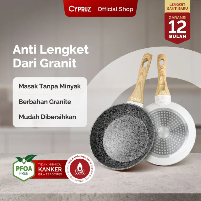 White Granite Series Gagang Coklat Kayu Fry Pan
