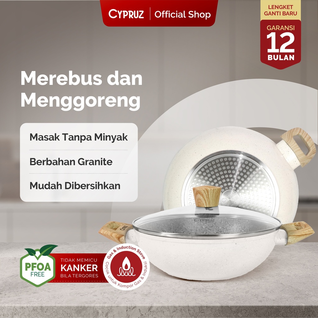 Cypruz White Granite Series Wok Pan + Lid