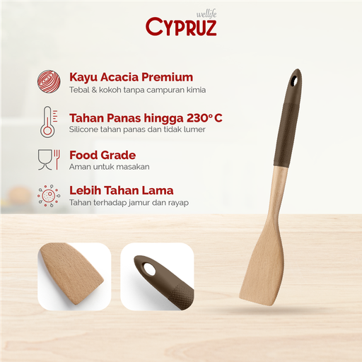 [AM-1049-CT] Cypruz Wood Utensil Series Gg.Silicone: Solid Turner (COKLAT) 96X1
