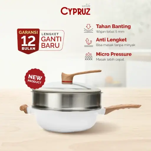 [FP-1235] Cypruz White Die Cast 32cm Wok +Steamer+1pc Long Handle and Low Pressure Knob 6X1