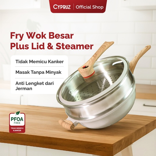 [FP-1235] Cypruz White Die Cast 32cm Wok +Steamer+1pc Long Handle and Low Pressure Knob 6X1