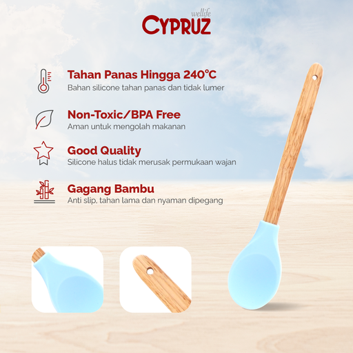 [AM-1003] Cypruz Utensil Gg.Bambu+Silicone: Sendok Serving 24/360X1