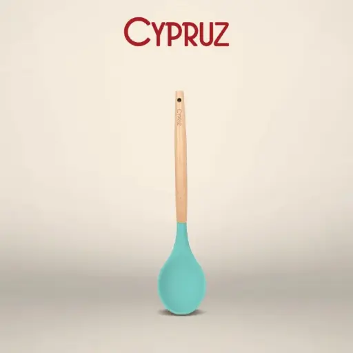 Cypruz Utensil Gagang Kayu Kepala Silicone Sendok Serving Bulat