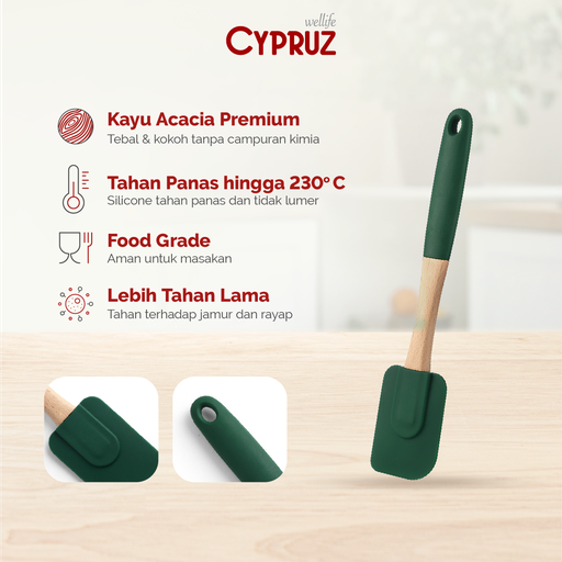 [AM-1041-HU] Cypruz Wood Utensil Series Gagang Silicone Spatula (HIJAU) 96X1