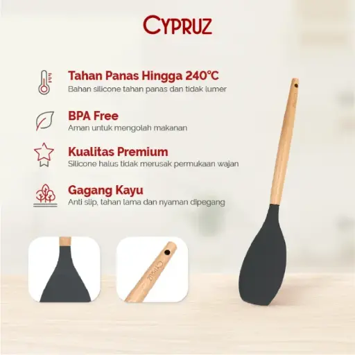 Cypruz Utensil Gagang Kayu Kepala Silicone Round Spatula