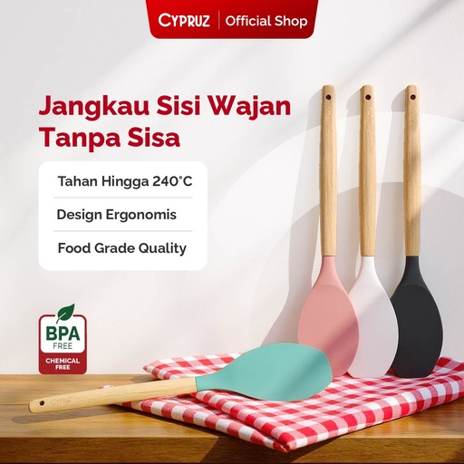 Cypruz Utensil Gagang Kayu Kepala Silicone Round Spatula