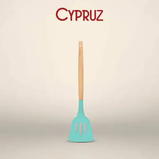 Cypruz Utensil Gagang Kayu Kepala Silicone Slotted Turner