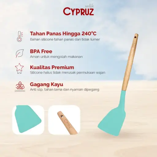 Cypruz Utensil Gagang Kayu Kepala Silicone Solid Turner