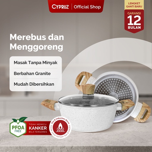 White Granite Series Gagang Coklat Kayu Casserole + Lid