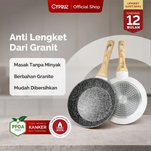 White Granite Series Gagang Coklat Kayu Fry Pan