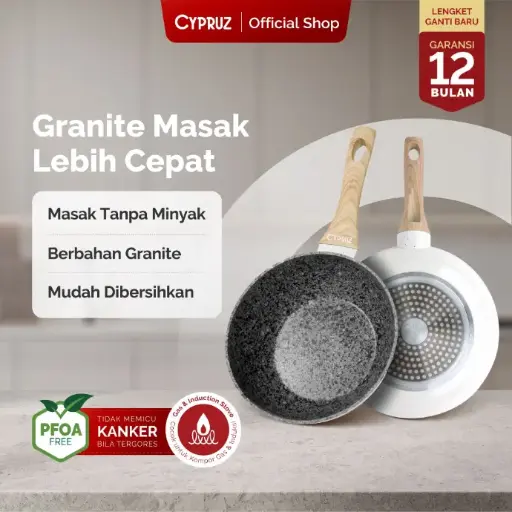 White Granite Series Gagang Coklat Kayu Fry Wok